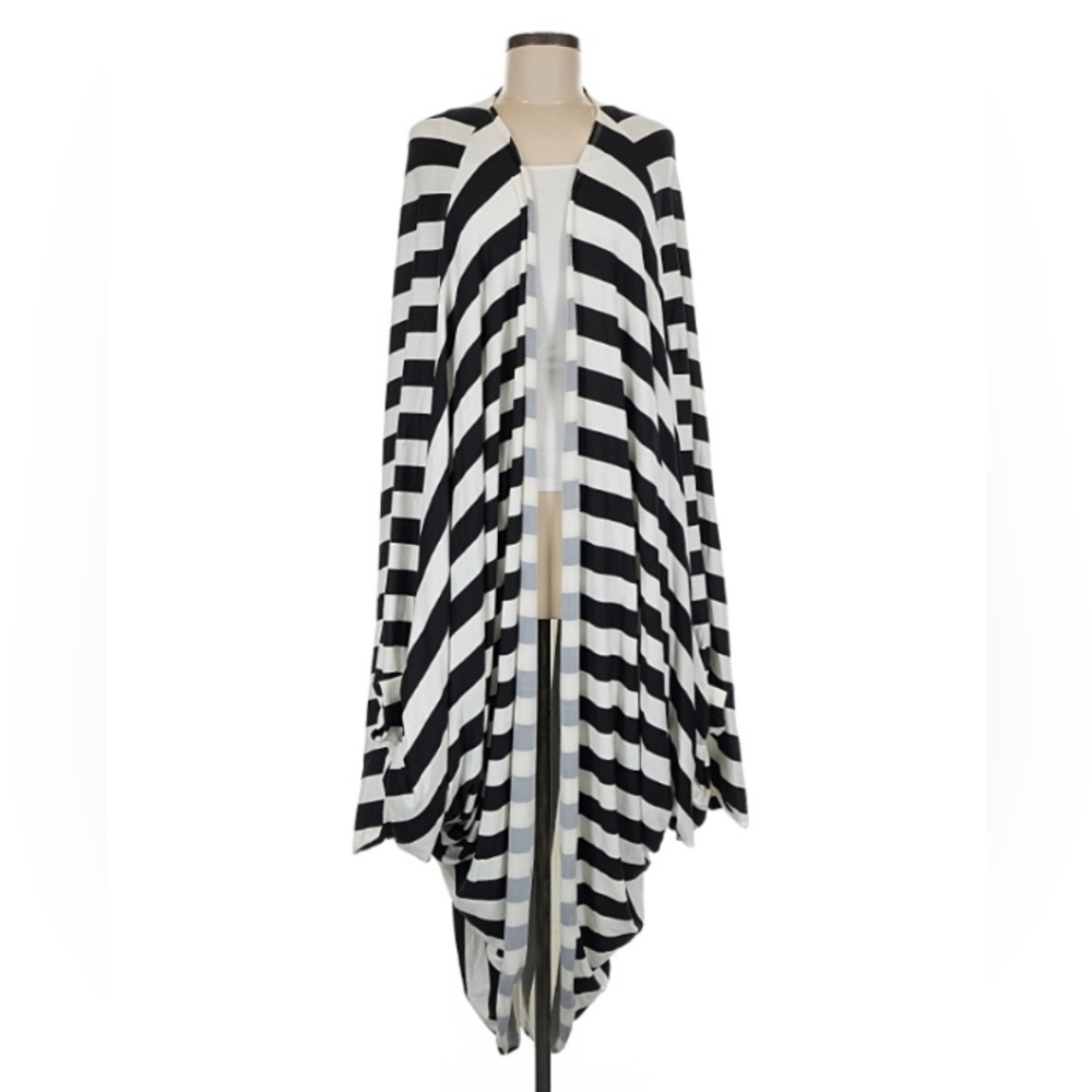 Karen T. Design Black & White Stripe Long Wrap Cardigan OS EUC